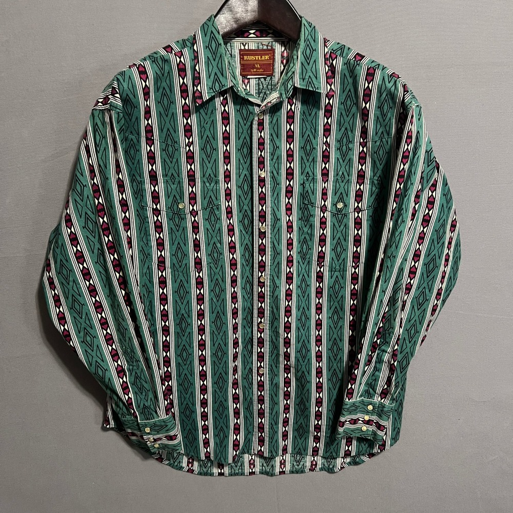 Vintage Rustler by Wrangler Western Shirt XL Green Geometric Tribal Pearl Snap